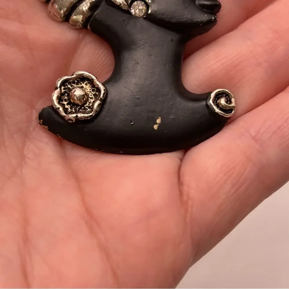 Vintage African Black and Silver Women's Pin Brooch